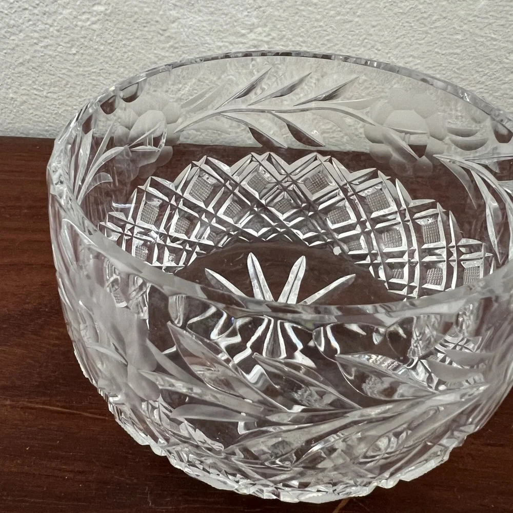 Vintage antique cut crystal etched floral rose bowl trinket dish